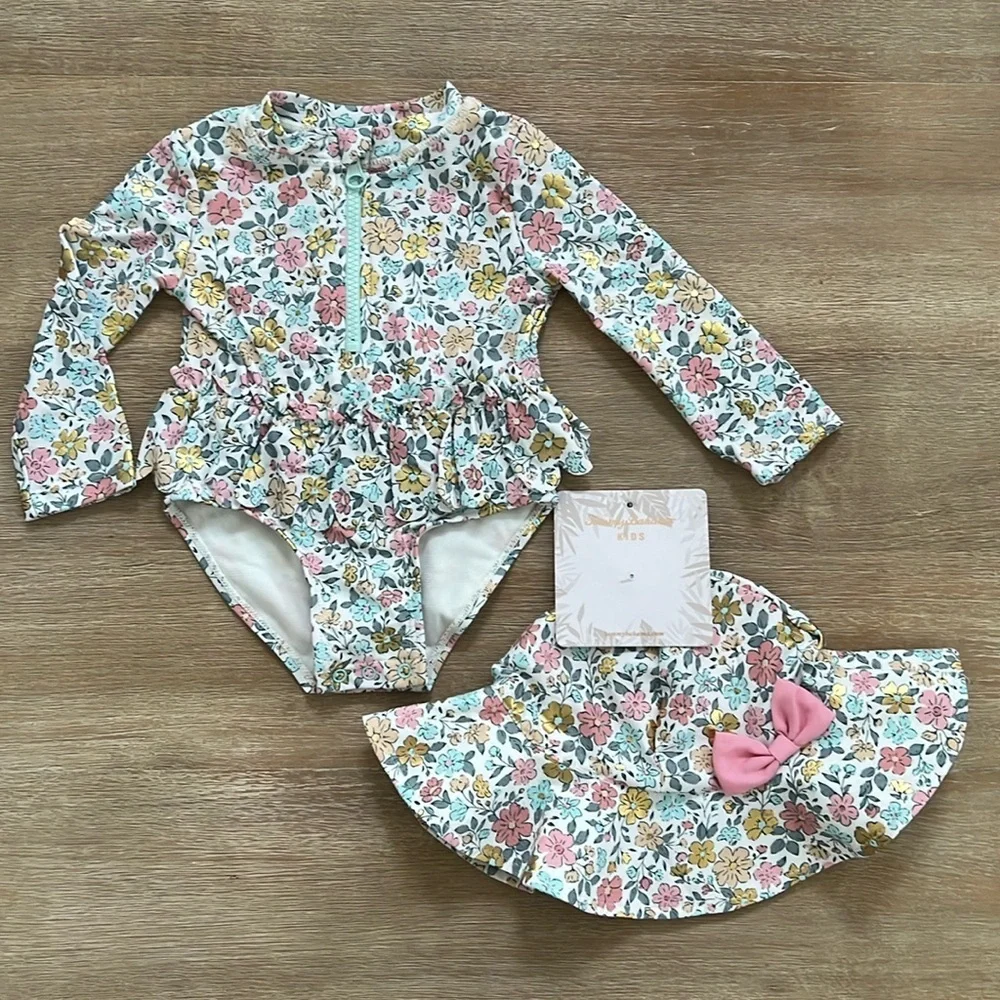 Tommy Bahama Baby Girl One Piece Rashguard Swimsuit with Sun Hat 12 months